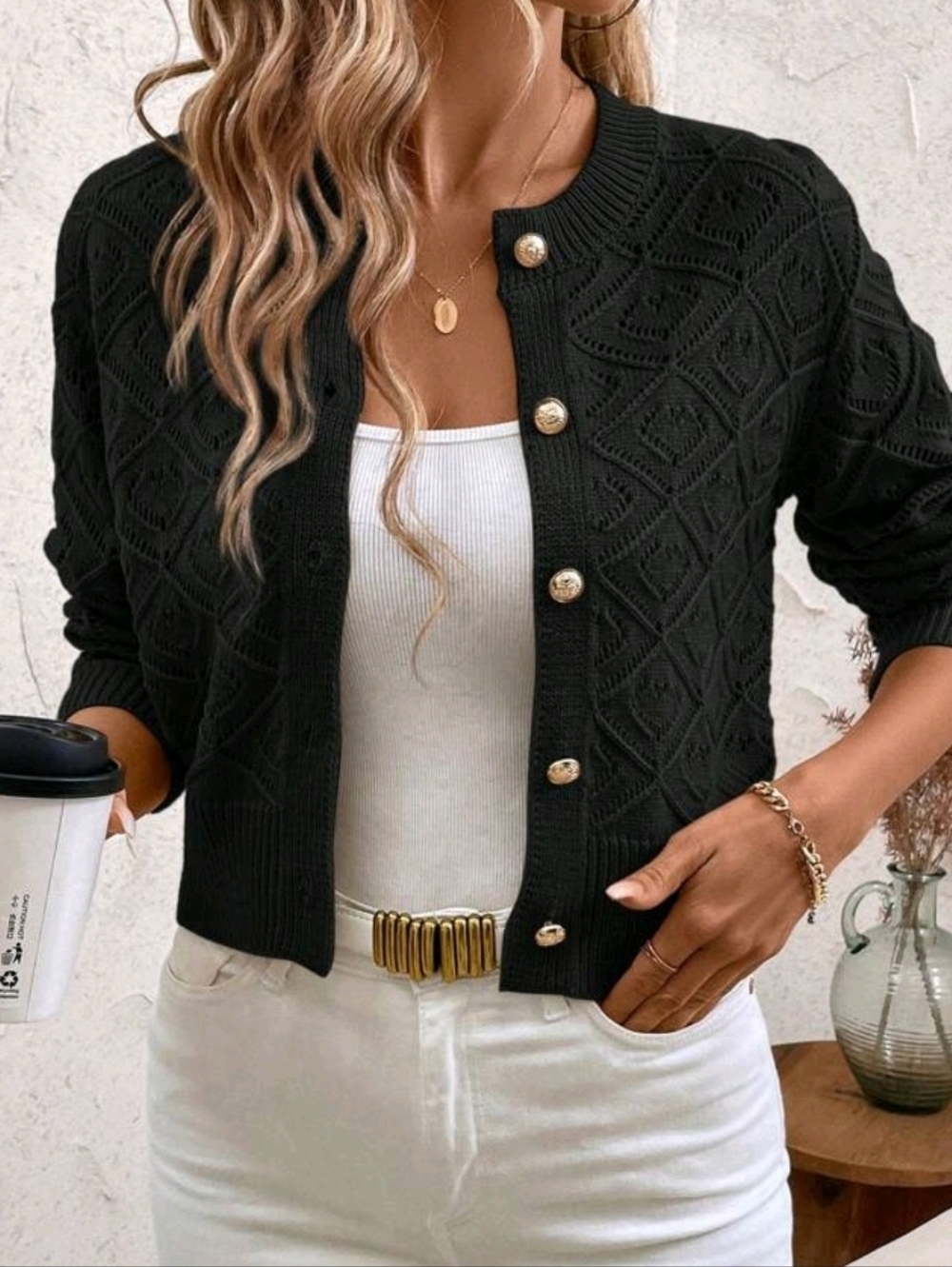 New Pointelle Knit Button Up Cardigan Sweater PLUS Black
